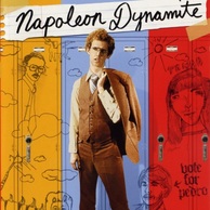 A picture showing protagonist napoleon Dynamite a tall curly haired high school sudent dressed in a brown suit in front of some school lockers the picture is the movie's origional poster